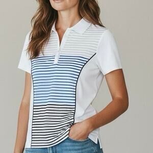 Zenergy Golf by Chico’s Sz O White Golf Polo With Silver & Blue Stripes | EUC
